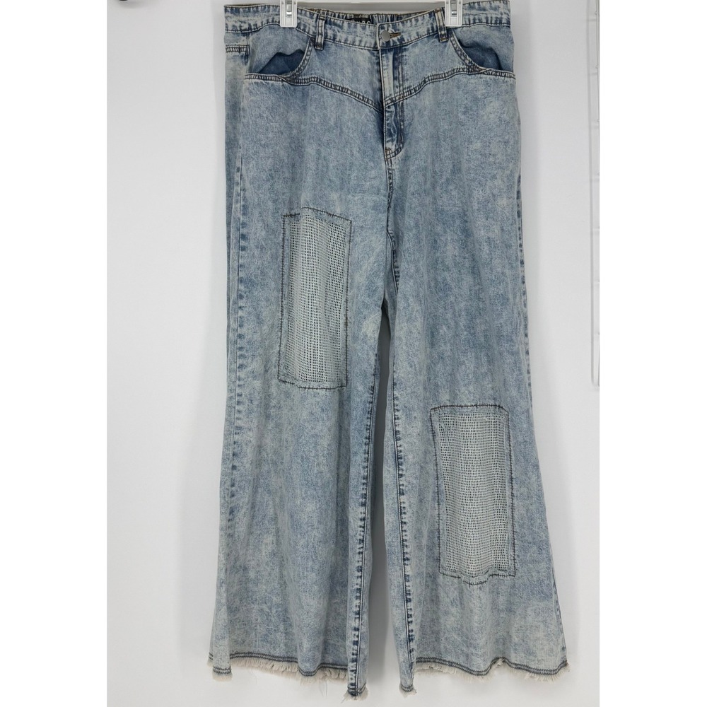 BAR x POL Hot Shot Pant Wide Leg Women 2XL Blue Acid Wash Patchwork Grunge Denim - Picture 2 of 9